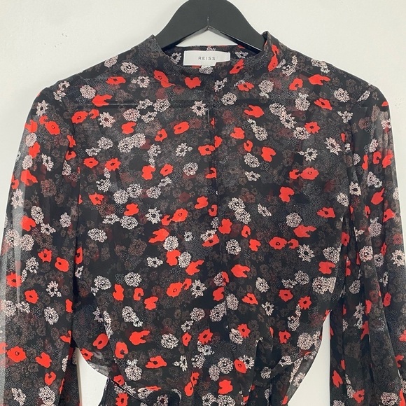 REISS Ladies Red Mix Ditsy Floral PEONY Sheer Lined Tie Waisted Party Dress US8 - Picture 5 of 16